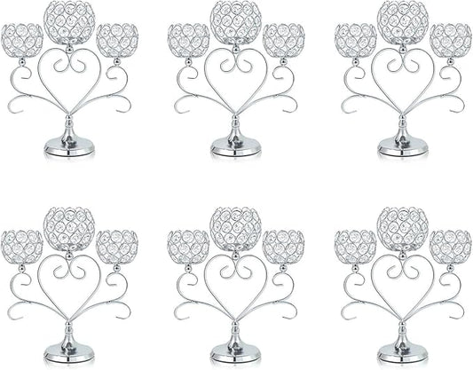 6 Pcs Silver 3-Arm Heart Tea Light Candle Holder - Crystal & Metal Wedding Centerpiece Decor, Sparkling Table Decor for Anniversaries/Romantic Tabletop Home/Dinner Party/Events