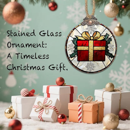 Stained Glass Christmas Decorations, Gold Ribbon Suncatcher for Window Christmas Tree Hanging Ornaments Retro White Snowflake Sun Catcher Xmas Decor Gifts for Women Men Mom Nana Friend