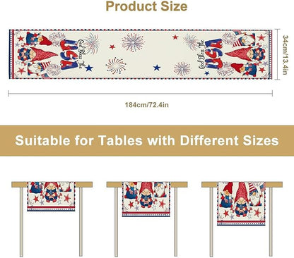 Cute Patriotic Gnomes Table Runner, American Independence Day 4th of July Gnome Blue Red Fireworks Confetti Print Table Runner for Home Kitchen Dining Table Party Decor, 13x90inch