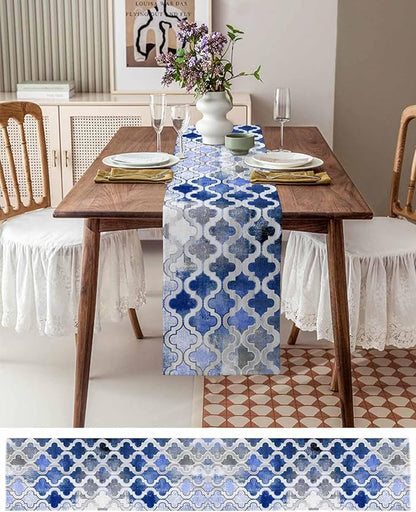 Blue Morocco Plaid Cotton Linen Table Runner for Dining Kitchen, Wedding Outdoor Party Tablerunners Decoration, Distressed Abstract Painted Vintage Dresser Scarf Coffee Tablecloth Runners 13''x120''