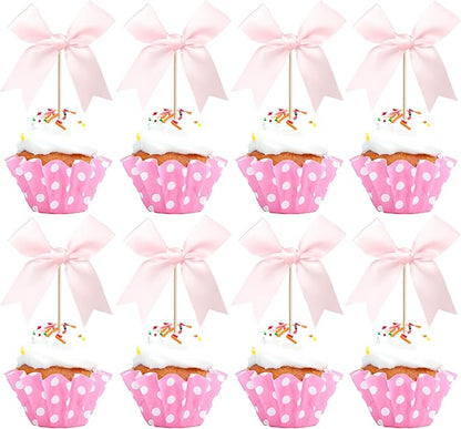 24 PCS Bow Cupcake Toppers Bowknot Coquette Bow Girls Birthday Cake Decorations Bow Cake Toppers Bowknot Cupcake Picks for Baby Shower Birthday Wedding Bridal Engagement Party Supplies Pink
