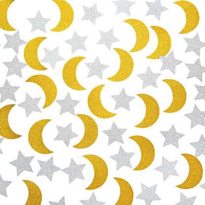Glitter Confetti Star and Moon for Table Wedding Birthday Eid Party Decoration, 1.2 inch in Diameter(gold,silver,200pc)