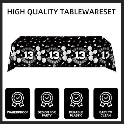 123pcs 13th Party Decorations,13th Silver Black Birthday Banner,Flags,Paper,cups,Straws,Forks,Cake Toppers,Dessert plates,Tablecloths and dinner plates,Officially a Teenager 13th Birthday Supplies