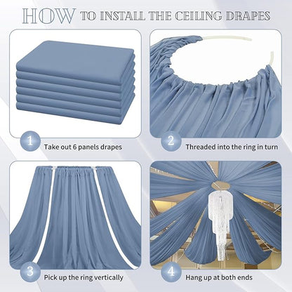 6 Panels Dusty Blue Ceiling Drapes for Wedding 5ftx30ft Chiffon Fabric Arch Draping Curtains Sheer Drapery for Party Ceremony Birthday Baby Shower Reception Stage Swag Ceiling Decorations
