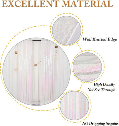 ShinyBeauty 8 Panels Iridescent White Sequin Backdrop | 2Ft x 8Ft Sparkly Photo Booth Background | Glitter Curtains for Baby Showers & Events | Durable & Elegant Shimmer Backdrop