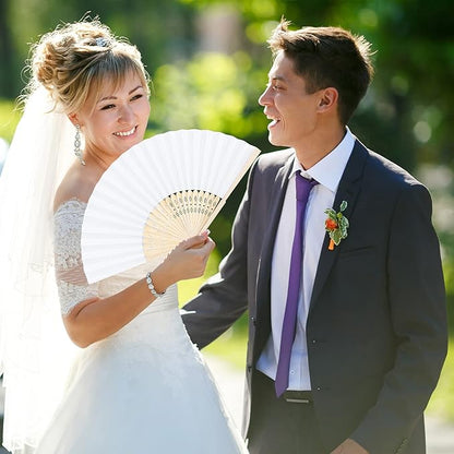 Aneco 48 Pieces Handheld Paper Fans Paper Folding Fans with Bamboos for Wedding Gift, Party, Home, DIY, White