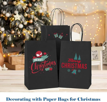 GSSUSA 200 Pack Black Paper Gift Bags 5.25x3.75x8'', Black Kraft Bags with Handles Bulk for Shopping, Craft, Grocery, Party, Retail, Lunch, Business, Wedding, Merchandise, Boutique