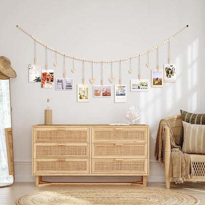 Hanging Photo Display Room Wall Decor, Boho Collage Picture Frame Christmas Cards Holder with 9 Wood Clips and 6 Wooden Hearts Tags, Xmas Card Display for Bedroom, Office, Nursery, Dorm Decor, 2 Pack