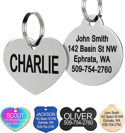 GoTags Stainless Steel Pet ID Tags, Personalized Dog Tags and Cat Tags, up to 8 Lines of Custom Text, Engraved on Both Sides, in Bone, Round, Heart, Bowtie and More (Heart, Regular (Pack of 1))