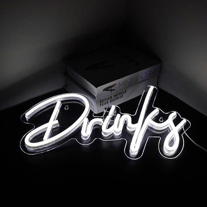 Looklight Drinks Neon Sign,Bar Neon Sign,Neon Signs for Wall Decor,Neon Sign For Room,White Neon Light Sign Led Neon Bar Signs USB Connectivity Light Up Wall Decor for Teen Room Bedroom Bar Store
