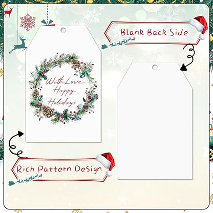 100PCS Christmas Gift Tags 10 Styles Watercolor Christmas Tree Pinecone Tags with String Celebrations Tag for Present Wrapping Xmas Holiday Seasonal Party Favors