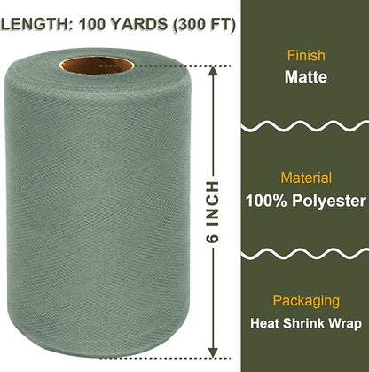 Sage Green Tulle Fabric Roll 6 Inch X 300 FT (100 Yards) Matte Tulle Ribbon Netting Mesh Spool for DIY Tutu Skirt Wedding Bow Gift Wrapping Baby Shower Christmas Party Halloween Decorations