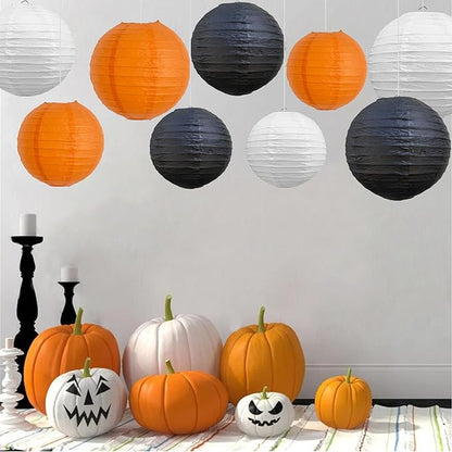 BEISHIDA 12Pcs Orange Black White Paper Lanterns Decorative Chinese/Japanese Hanging Round Paper Lanterns Lamp for Halloween，Birthday, Wedding, Christmas, Bridal,Home Decor, Party Decoration