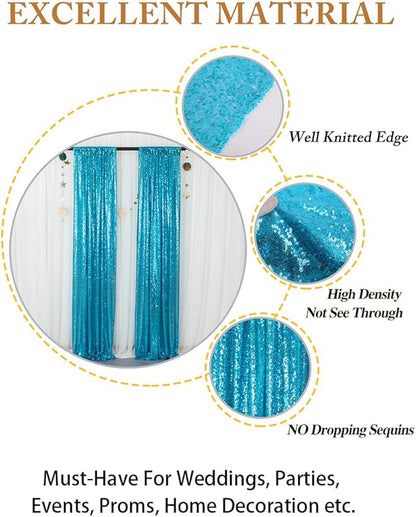 ShinyBeauty Sequin Curtains 2 Panels Turquoise 2FTx8FT Sequin Photo Backdrop Aqua Sequin Backdrop Curtain Pack of 2-1011E