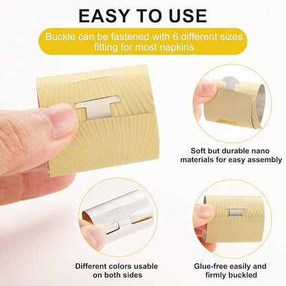 Polymer Material Reusable Napkin Band, Glue-Free Tear-Proof Water Resistant Oil-Proof Napkin Bands Set of 100(Front Gold Color and Back Silver), 6 Adjustable Sizes Napkin Rings