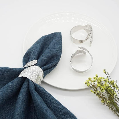Silver Leaf Napkin Rings Set of 6, Leaves Napkin Rings for Table Setting, Metal Leaf Napkin Holder Rings for Holiday Party, Wedding, Banquet, Formal or Casual Dinning Table Decor (Silver)