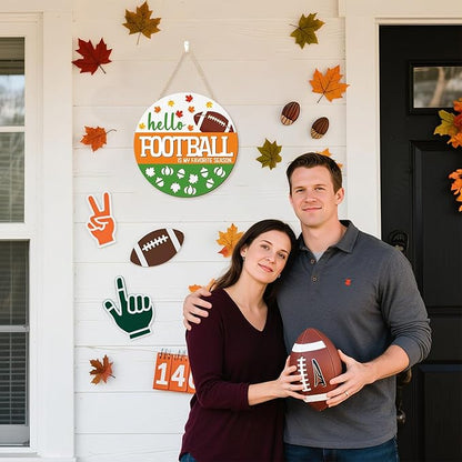 CHDITB Hello Football is My Favorite Season Front Door Sign Wreath(12"x12"), Wooden 3D Fall Decoration Wall Hanging, Farmhouse Rugby Autumn Harvest Maple Leaves Decor Hanger for Front Porch Outdoor