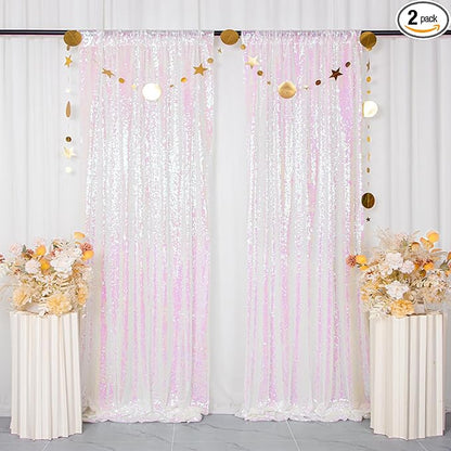 ShinyBeauty White Sequin Backdrop 4FTx8FT 2 Pieces Iridescent White Backdrop Curtains Panels Glitter Photo Backdrop Transparent Birthday Themed Backdrop