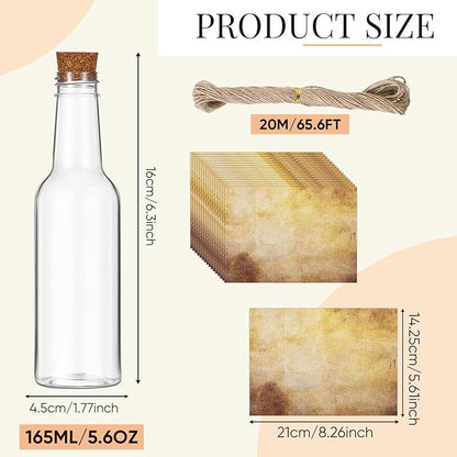 Baderke 12 Pcs 5.6 oz Message Bottles with Letter Printer Paper Plastic Bottles & Corks Twines for Message Invitations Birthday Wedding Baby Shower DIY Crafts Gift Party Favors (Vintage)