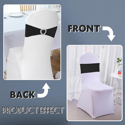 100PCS Spandex Stretch Black Chair Sashes Bows Universal Elastic Chair Cover Bands Ties with Buckle Slider for Wedding Party Birthday Reception Event Banquet Decoration(Black)