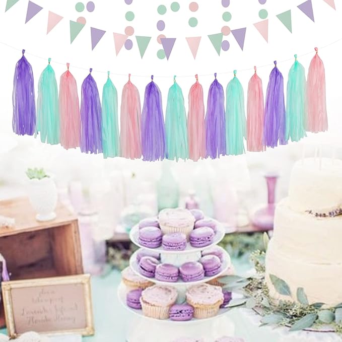 Pink-Purple Mint Mermaid Ocean-Themed Party-Decorations - 23pcs Tissue Pom Poms Streamers,Birthday Tassel Garland Banner,Wedding Engagement Baby Bridal Shower Decor Ouruola