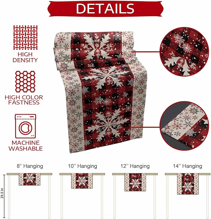 Buffalo Plaid Christmas Cotton Linen Table Runner for Dining Kitchen, Snowflake Red Black Check Wedding Outdoor Party Tablerunner Decoration,Retro Dresser Scarf Coffee Tablecloth Runners 13x120 Inches