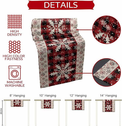 Buffalo Plaid Christmas Cotton Linen Table Runner for Dining Kitchen, Snowflake Red Black Check Wedding Outdoor Party Tablerunner Decoration, Retro Dresser Scarf Coffee Tablecloth Runners 13x36 Inches