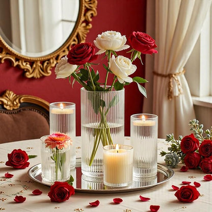 3 Pack Ribbed Glass Cylinder Vases 4,6,10 Inch Tall Clear Flower Vase Hurricane Floating Candle Holder for Table Centerpiece Wedding Home Decor