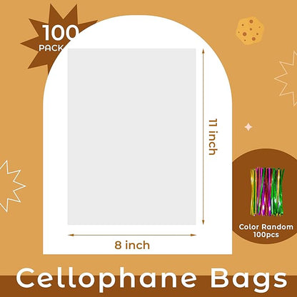 NPLUX 100 Pack Cellophane Bags Small Plastic Cookie Bag Clear Treat Bags with Twist Ties for Small Gift Party Favors, Bakery, Candy, Popcorn (8×11In)