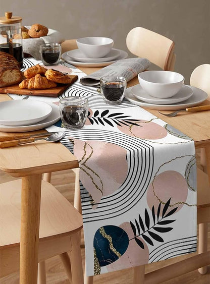 Modern Boho Cotton Linen Table Runner for Dining Kitchen, Wedding Outdoor Party Tablerunners Decoration, Abstract Bohemian Tropical Palm Leaf Dresser Scarf Coffee Tablecloth Runners 13x48 Inches