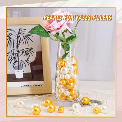 300Pcs Vase Filler Ivory and Golden Yellow No Hole Faux Pearl Beads for Vase Filling Decorations, Candle Centerpieces, Wedding Centerpieces, Home Party Decor (8/14/20mm)