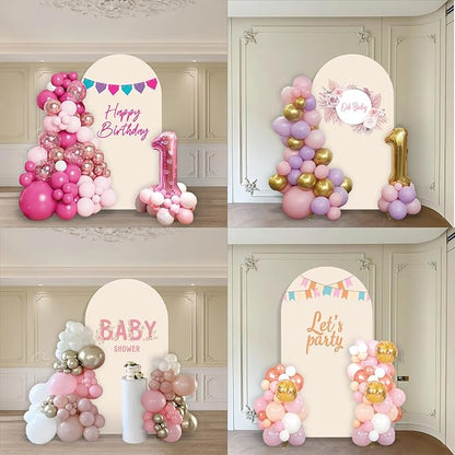 Metal Arch Backdrop Stand and Cover Set, 6.6FT Beige Reusable Spandex Fitted Backdrop Cover and Gold Wedding Arch Frame for Baby Shower, Birthday, Parties Decoration.