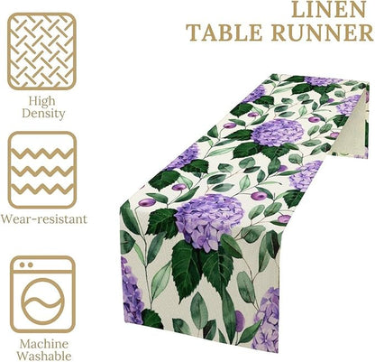 Spring Hydrangea Flower Table Runner, Seasonal Summer Plants Eucalyptus Leaves Purple Florals Dinner Runner for Home Kitchen Dining Table Party Holiday Decoration 13"x108"
