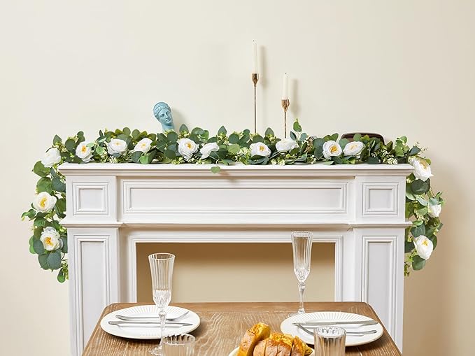 2 Pack 12Ft Artificial Eucalyptus Flower Garland with White Roses, Fake Flowers Greenery Garland Flower Vines for Wedding Party Mantle Table Runner Spring Summer Home Decor (2PCS,White