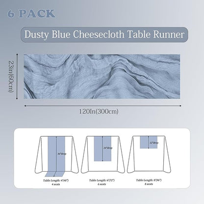 6 Pack Dusty Blue Cheesecloth Table Runner 23x120 inch Rustic Boho Gauze Table Runner 10 FT Long Sheer Cheese Cloth Fabric Table Runners for Romantic Wedding Bridal Shower Birthday Party Decor