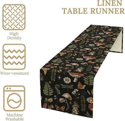 Mushroom Table Runner,Retro Forest Plant Table Runner for Kitchen Dining Table Home Party Decoration 13x36 Inch