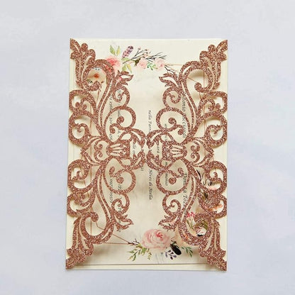 25PCS Rose Gold Laser Cut Wedding Invitations Cards with Envelopes,Blank Inner Sheets,Ribbons for Wedding Bridal Shower Quinceañera Engagement Birthday Invites, rose gold glitter