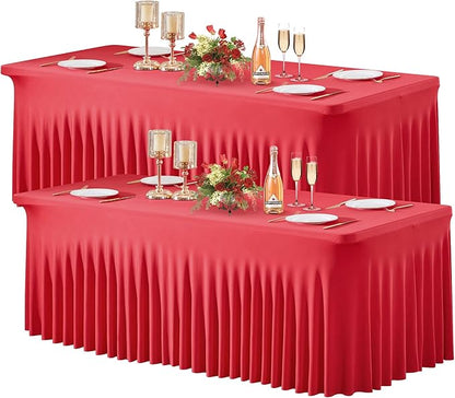 2 Pack Red Spandex Table Clothes for 8 Foot Rectangle Tables, 8FT Wrinkle Free Fitted Tablecloths Ruffles Design Stretch Table Cover for Party, Banquet, Wedding and Events