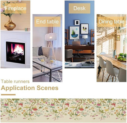 Floral Table Runner, Vintage Birds Wildflowers Herbs Nature Theme Linen Long Table Kitchen Dining Table Holiday Party Decorative Table Runner,13in（33cm） W * 36in（92cm） L
