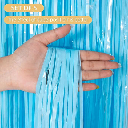 5 Pack Blue Foil Curtain Backdrop 3.2ft x 8.2ft Tinsel Foil Fringe Curtains Macaron Photo Booth Streamer Backdrop for Party Decorations Birthday Baby Shower Bachelorette Holiday Decor (Pastel Blue)