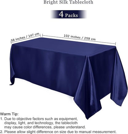 TURSTIN 4 Packs Satin Tablecloth 102 x 58 Inch Overlay Satin Table Cover Rectangle Bright Silk Tablecloth Smooth Fabric Table Decoration for Wedding Banquet Party Events, Navy Blue