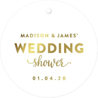 Andaz Press Personalized Round Circle Wedding Gift Tags, Metallic Gold Ink, Wedding Shower, 24-Pack, Custom Made Any Name