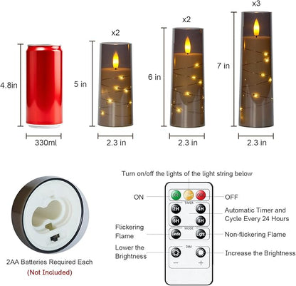 Raycare Flameless Candle with Remote Timer, 7 Flickering Acrylic Battery Operated LED Pillar Candles with Embedded Star String for Halloween, Home Decor, and as a Gift(Grey)
