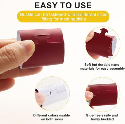 Polymer Material Reusable Napkin Band, Glue-Free Tear-Proof Water Resistant Oil-Proof Napkin Bands Set of 50(Front Burgundy Color and Back White), 6 Adjustable Sizes Napkin Rings
