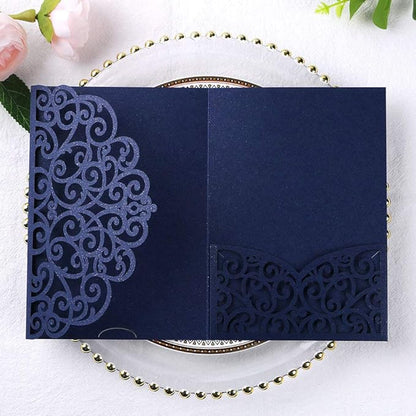 PONATIA 5.12 x 7.2 Laser Cut Invitation Pocket, 20PCS Tri-Fold 5 x 7 Laser Cut Wedding Invitation Pockets with Envelopes for Wedding Bbay Shower Birthday Sweet 16 Invite (Navy Blue, No Inner Sheet)