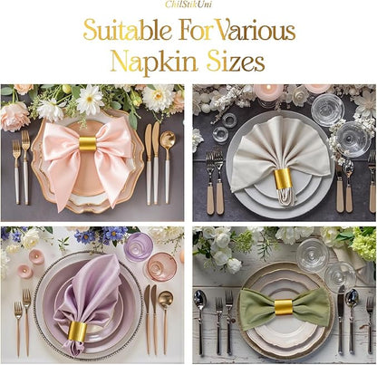 Polymer Material Reusable Napkin Band, Glue-Free Tear-Proof Water Resistant Oil-Proof Napkin Bands Set of 50(Front Brushed Gold Color and Back Silver), 6 Adjustable Sizes Napkin Rings