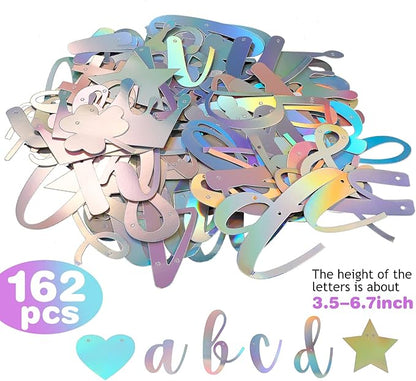 TaoBary 167 Pcs DIY Banner Kit Happy Birthday Glitter Banner Customizable Glitter Make Your Own Kit 162 Letters Symbols and Numbers 3 Rope for Birthday Halloween Wedding Christmas(Holographic)