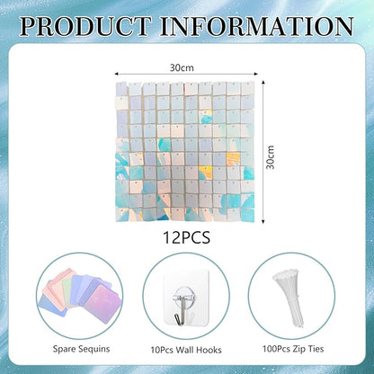 12PCS Colorful Blue Shimmer Wall Backdrop, Square Sequin Photo Backdrops Panel, Glitter Wall Background for Birthdays, Weddings, Engagements, Baby Showers, Disco Bachelorette Party Decor (3FTx4FT)