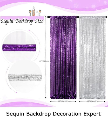 ShinyBeauty Purple and Silver Sequin Backdrop Curtains, 4 Panels 2FTx8FT, Photograph Backdrop Sparkle Backdrop Luxurious Wedding Birthday Background Drapes