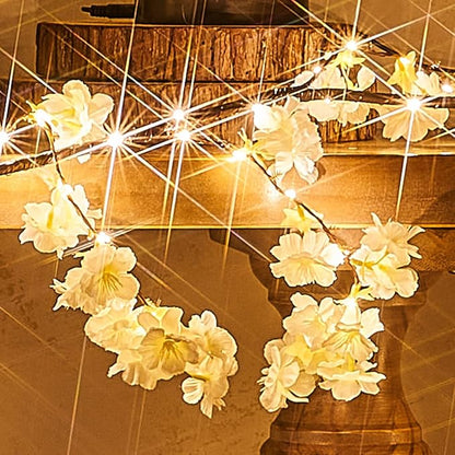 Fudios Lighted White Cherry Blossom Garland Decor with Timer 96 LED Fairy Lights 6FT for Mantle,Artificial Flower Vine with Lights Battery Operated Valentines Wedding Party Indoor Outdoor